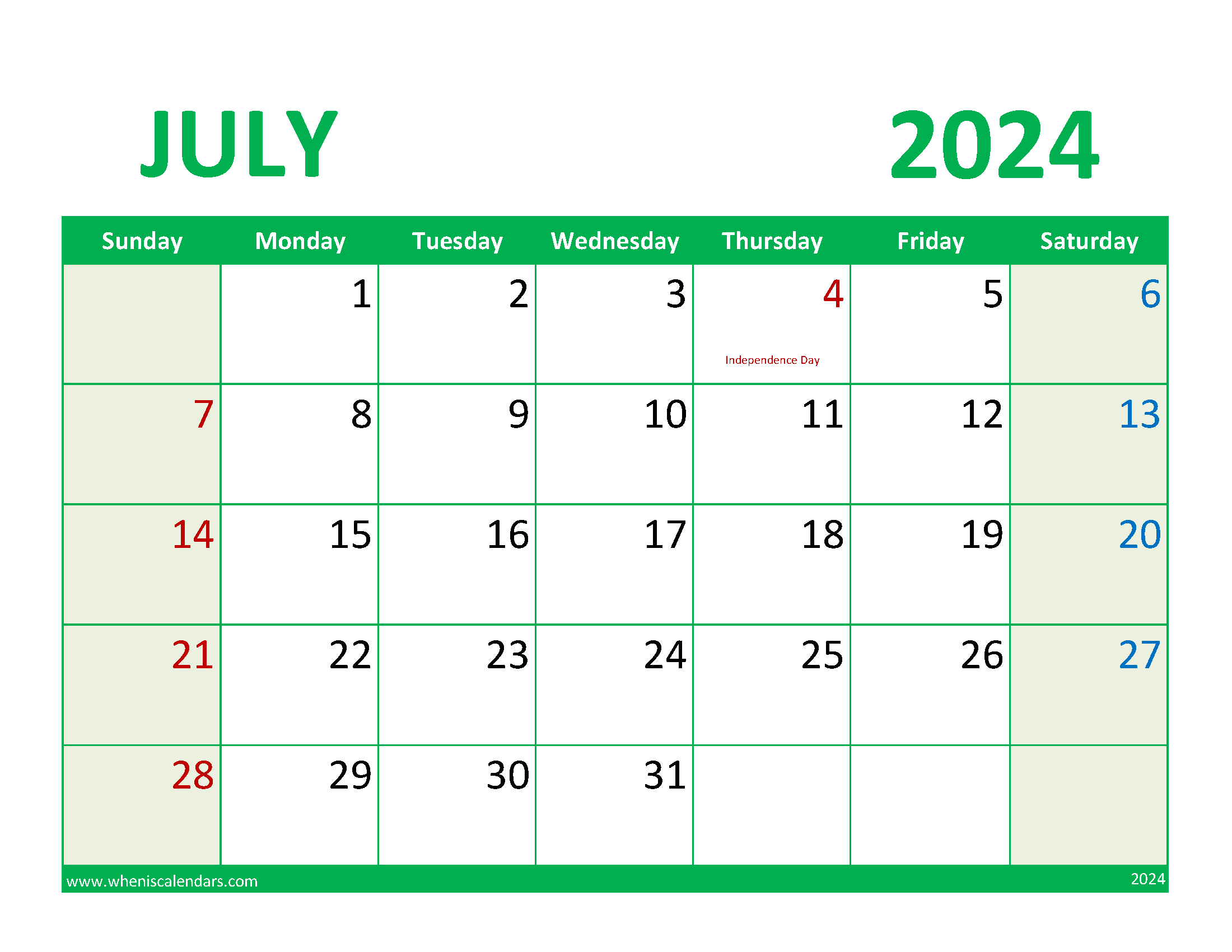 July 2024 Excel Calendar